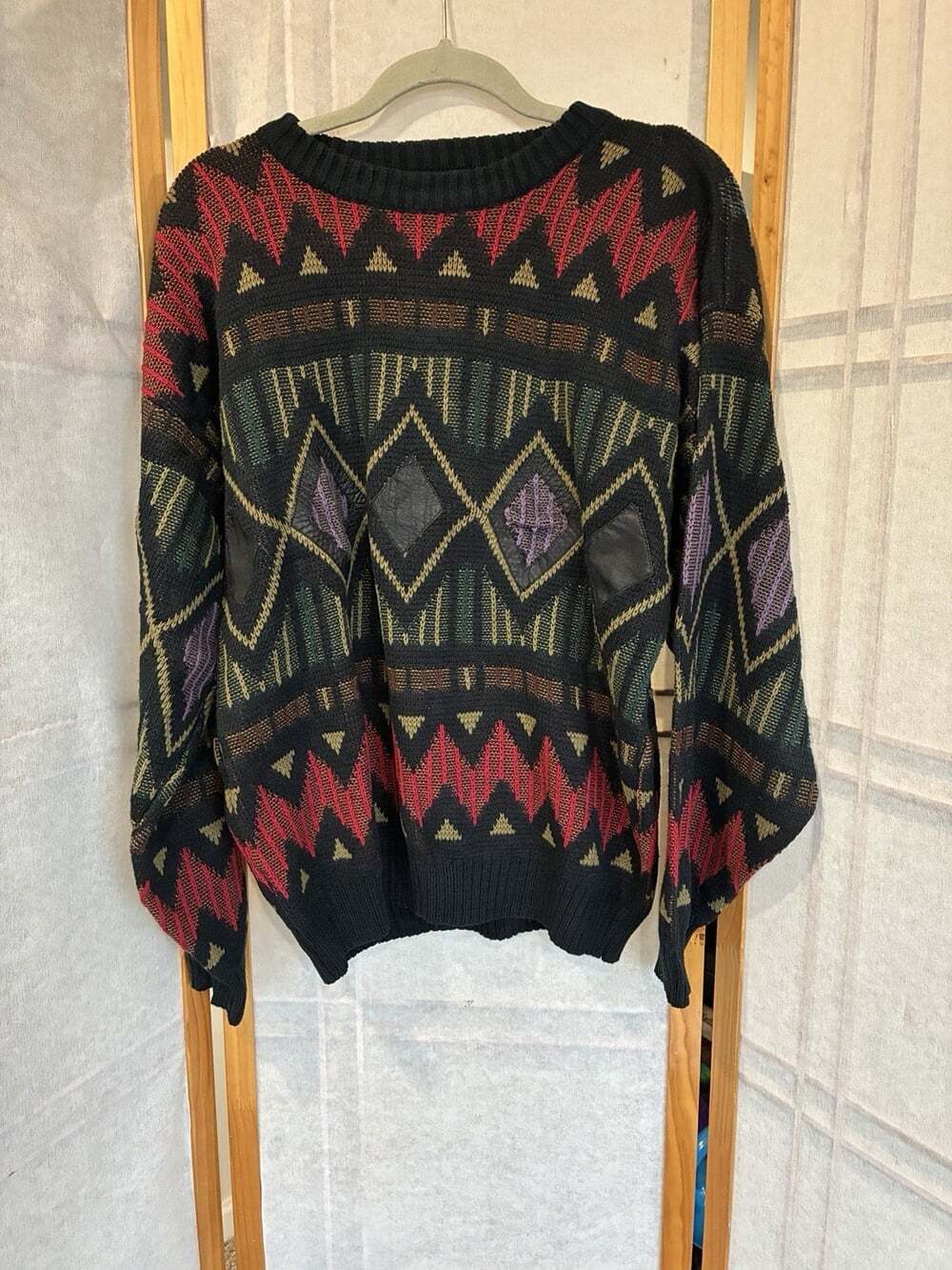Vintage Grandpa Y2K Color Block Pattern Sweater 90s Unisex XL Stripes Diamonds